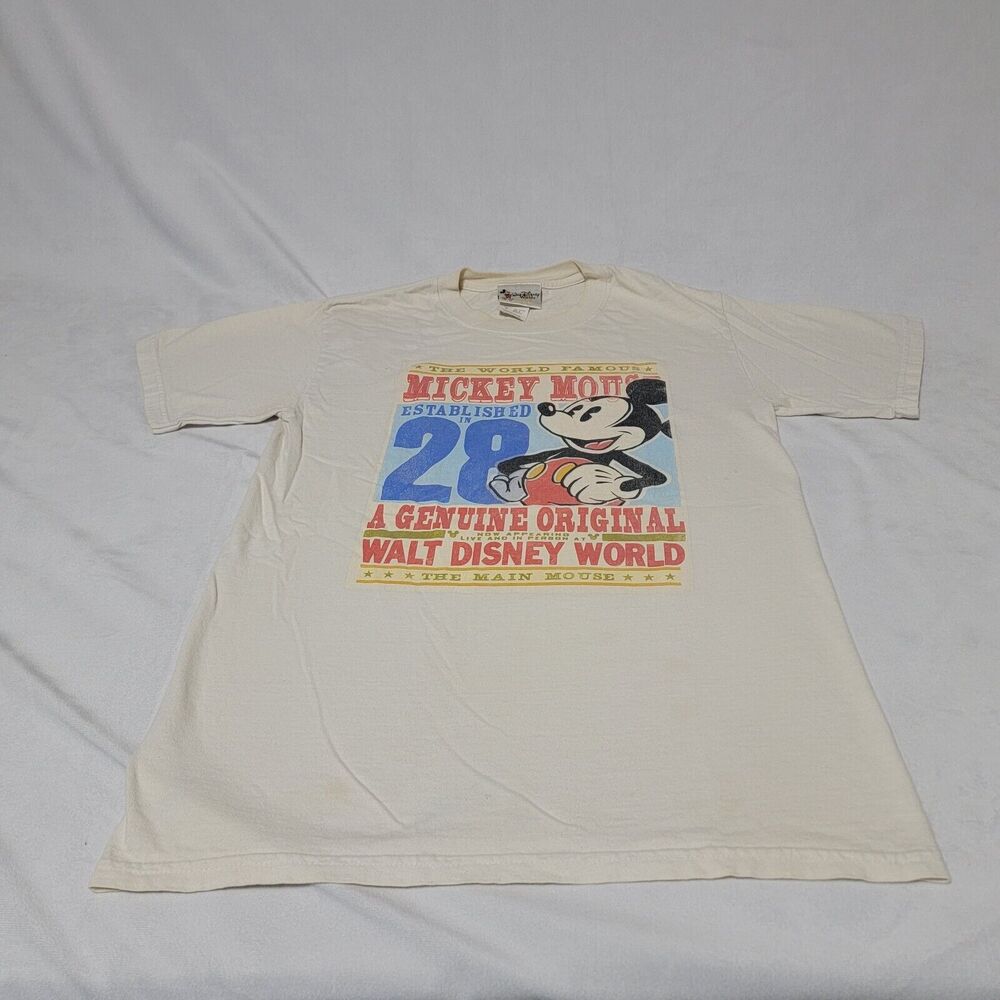 Vtg Walt Disney World T Shirt Adult Small Tan Mickey Mouse World Famous Est. 28
